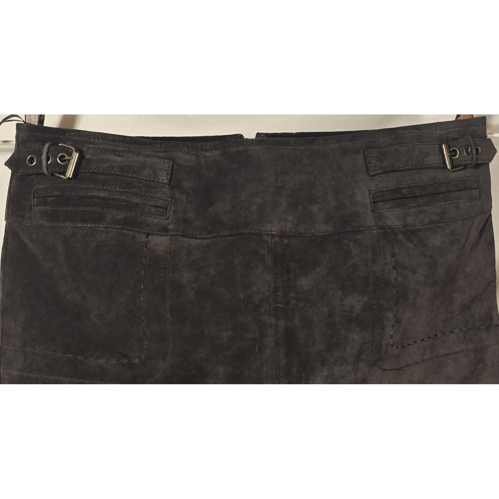 Dark Brown Suede Leather Buckle Tab Waist A Line Chic Mini‎ Skirt Size 6